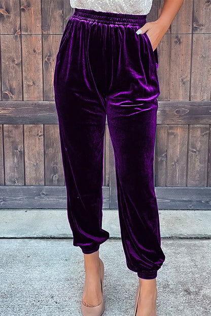 Elastic Waist Velvet Joggers Pants With Pockets