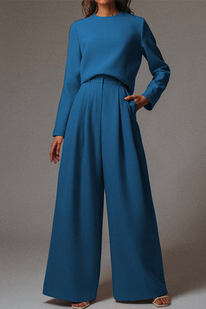 Crewneck Long Sleeve Pullover and Wide Leg Pants Set