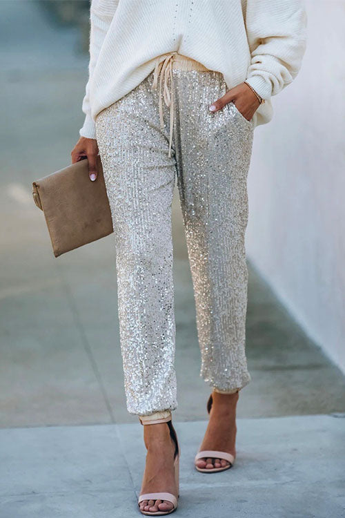 Moxidress Tie Waist Sequin Joggers Pants With Pockets