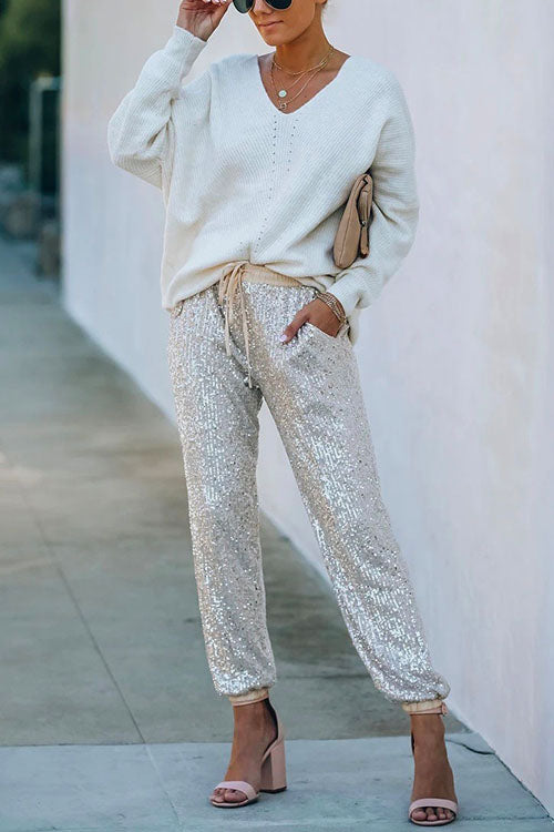 Moxidress Tie Waist Sequin Joggers Pants With Pockets