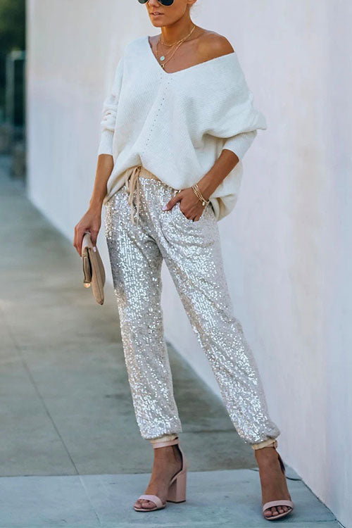 Moxidress Tie Waist Sequin Joggers Pants With Pockets