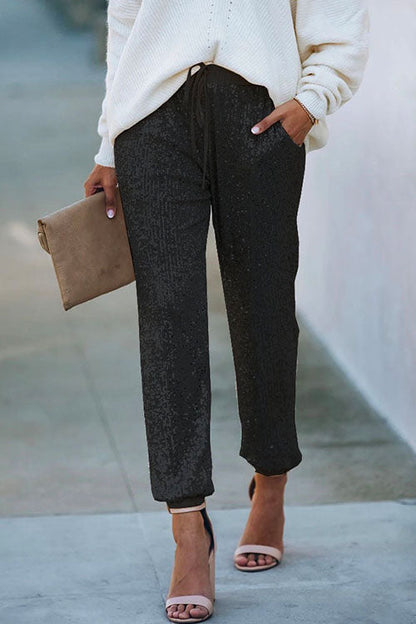 Moxidress Tie Waist Sequin Joggers Pants With Pockets