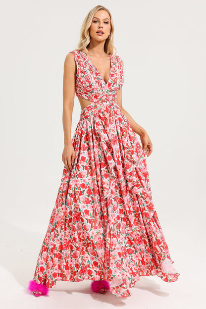 V-neck Sleeveless Frill Maxi Dress