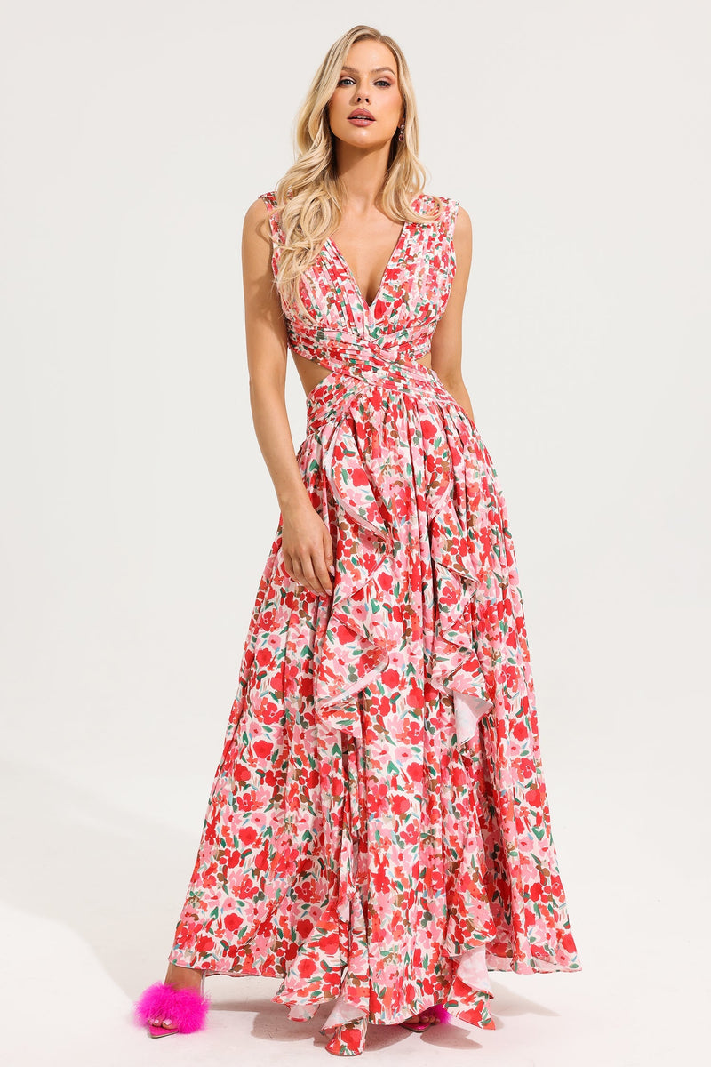 V-neck Sleeveless Frill Maxi Dress
