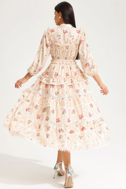 Lantern Sleeve Buckle Midi Dress Yellow