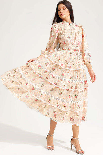 Lantern Sleeve Buckle Midi Dress Yellow