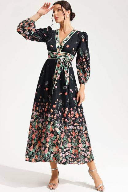 Long Sleeve V-neck Lace Up Midi Dress Black