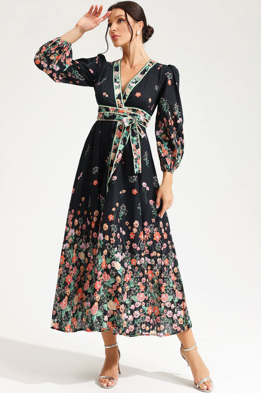 Long Sleeve V-neck Lace Up Midi Dress Black