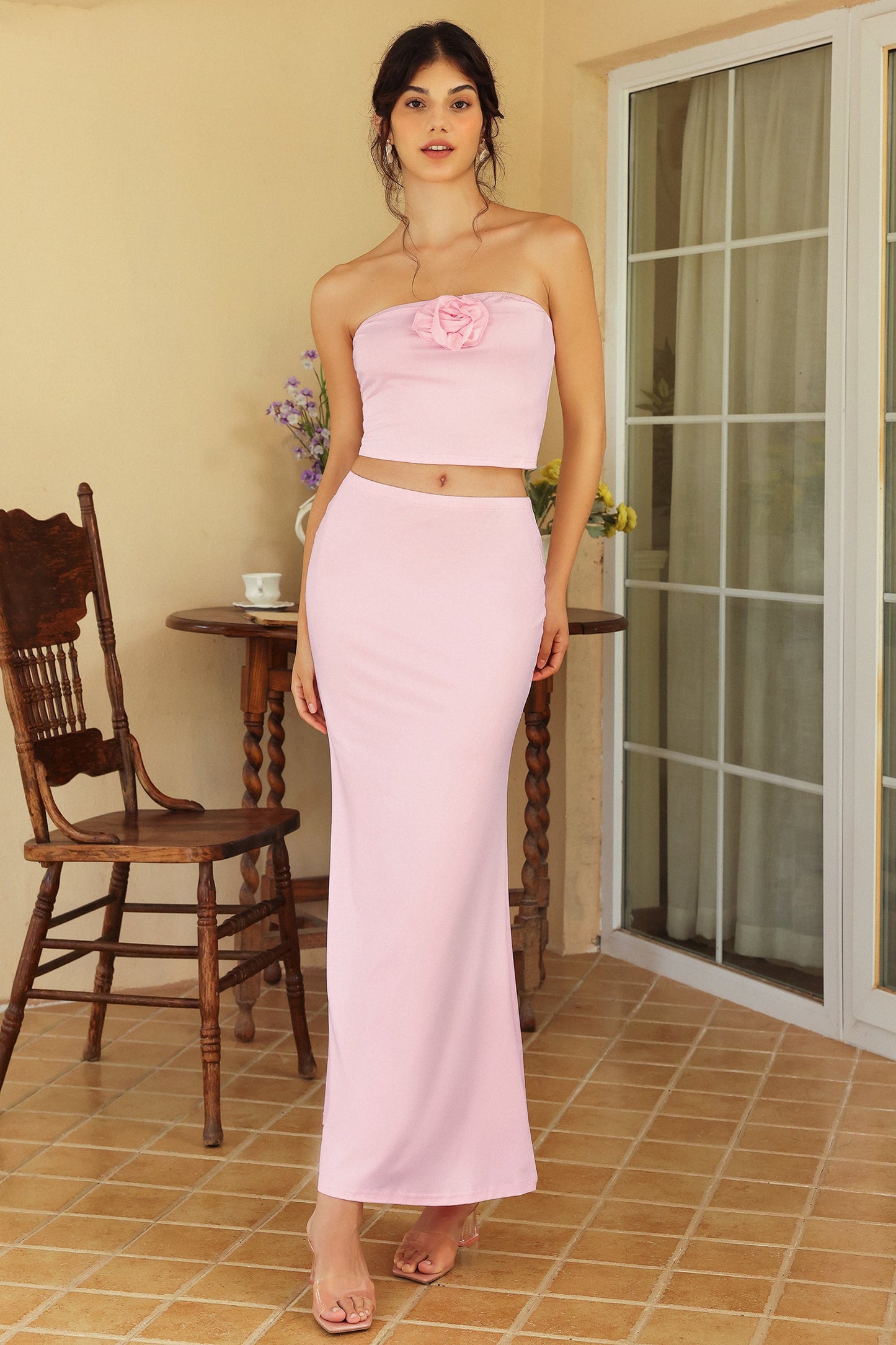3d Flower Sleeveless Off-shoulder Two-piece Set