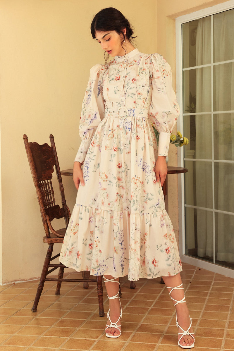 Long Sleeve Crew Collar Belted Midi Dress