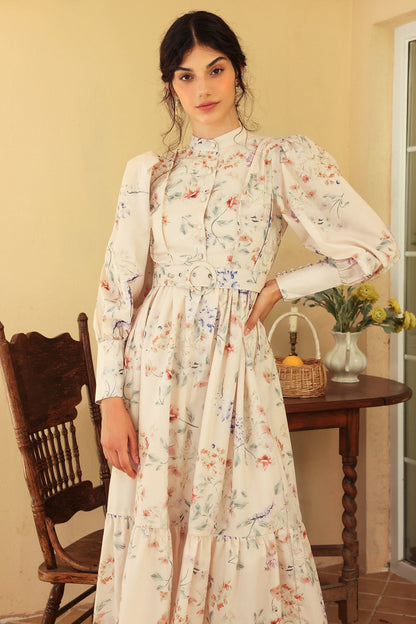Long Sleeve Crew Collar Belted Midi Dress