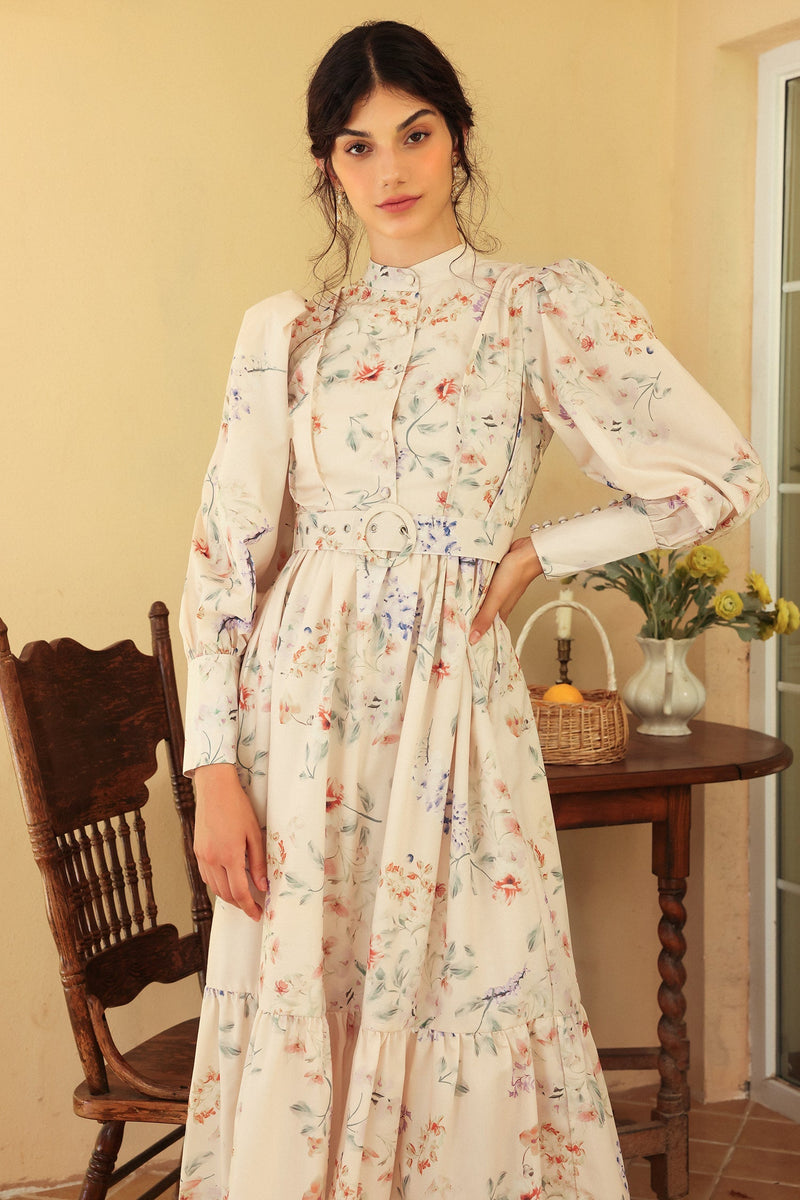 Long Sleeve Crew Collar Belted Midi Dress