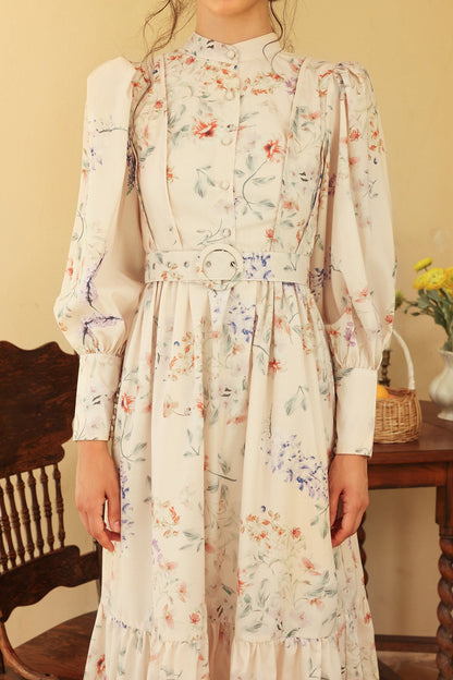 Long Sleeve Crew Collar Belted Midi Dress
