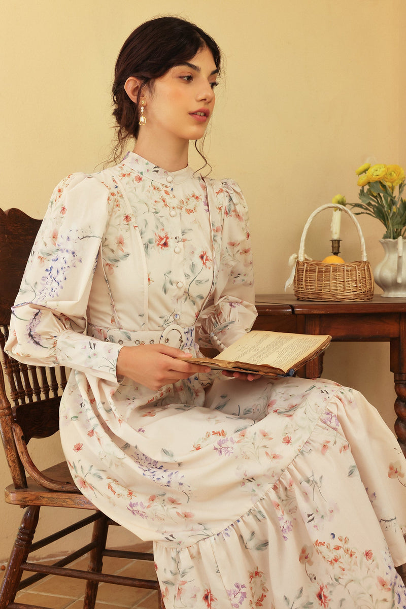 Long Sleeve Crew Collar Belted Midi Dress