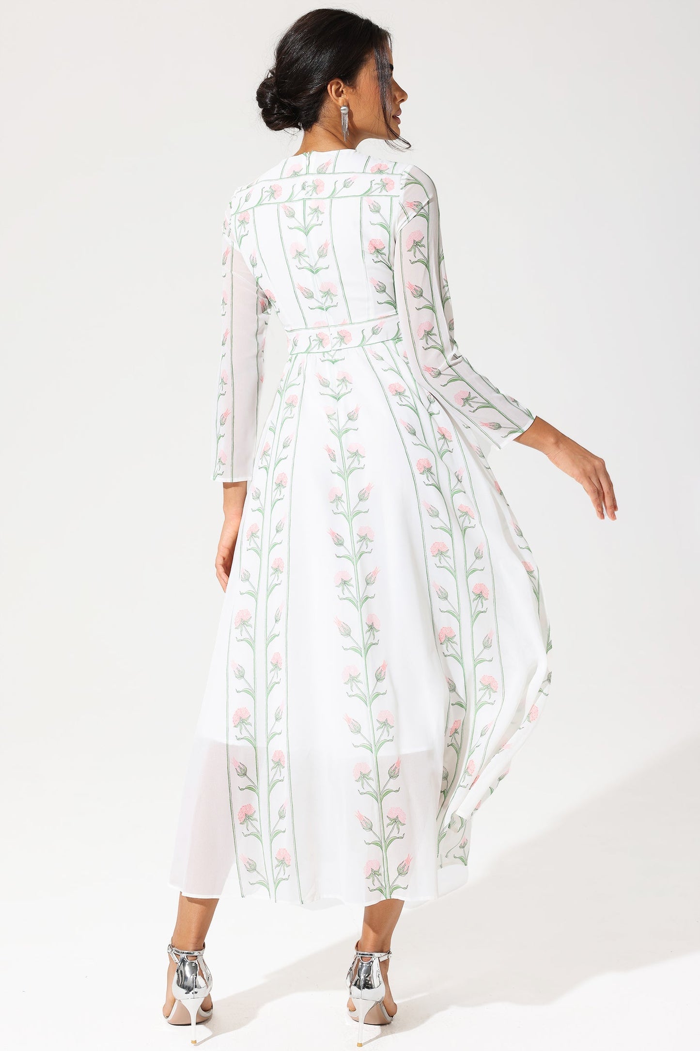 Long Sleeve Crew Collar Georgette Midi Dress