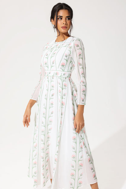Long Sleeve Crew Collar Georgette Midi Dress