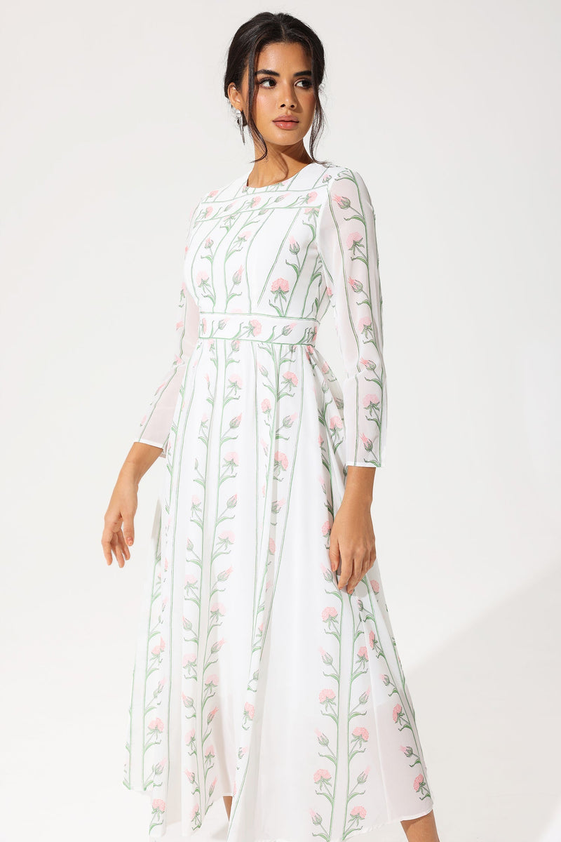 Long Sleeve Crew Collar Georgette Midi Dress