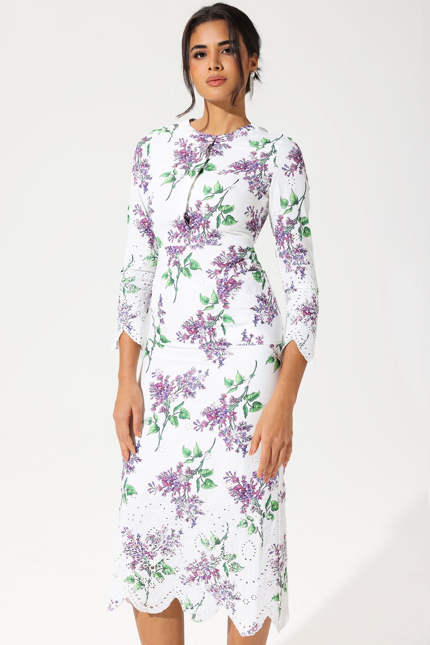 Long Sleeve Crew Collar Broderie Anglaise Maxi Dress
