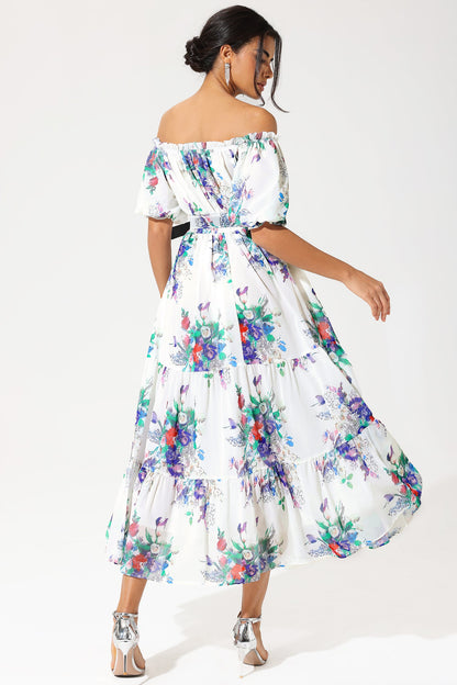 Puff Sleeve Off-shoulder Ruffle Hem Maxi Dress