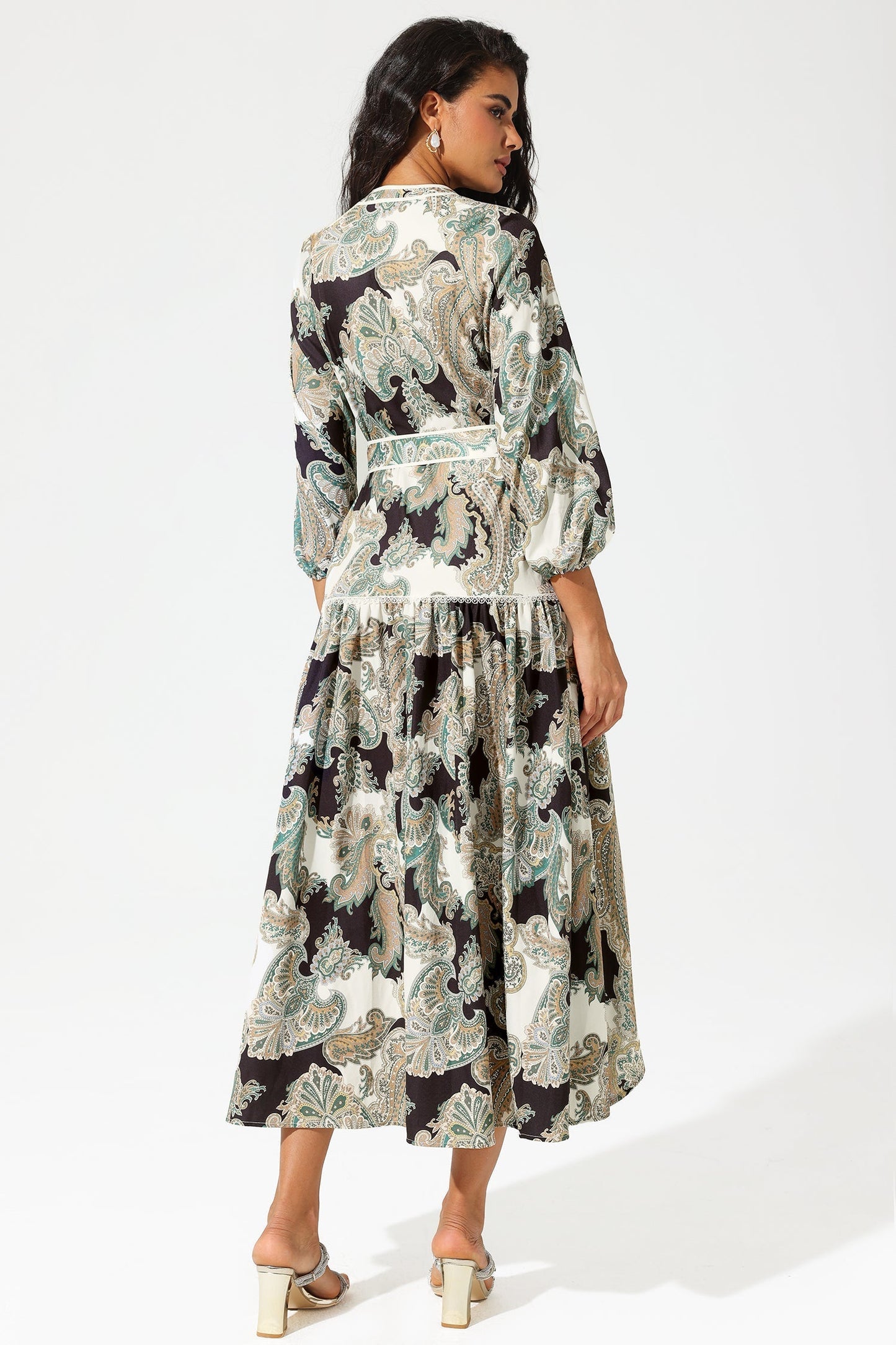 Paisley Print Lantern Sleeve V-neck Belted Midi Dress