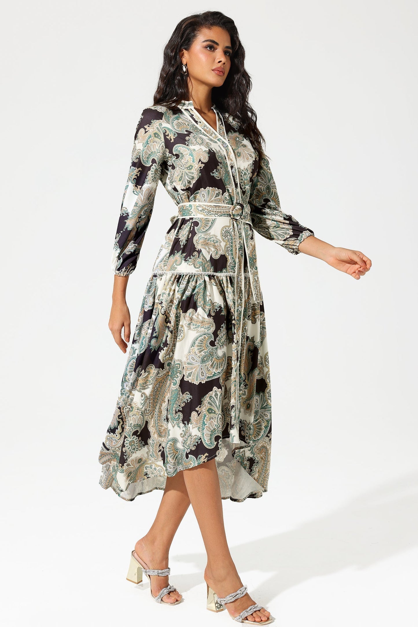 Paisley Print Lantern Sleeve V-neck Belted Midi Dress
