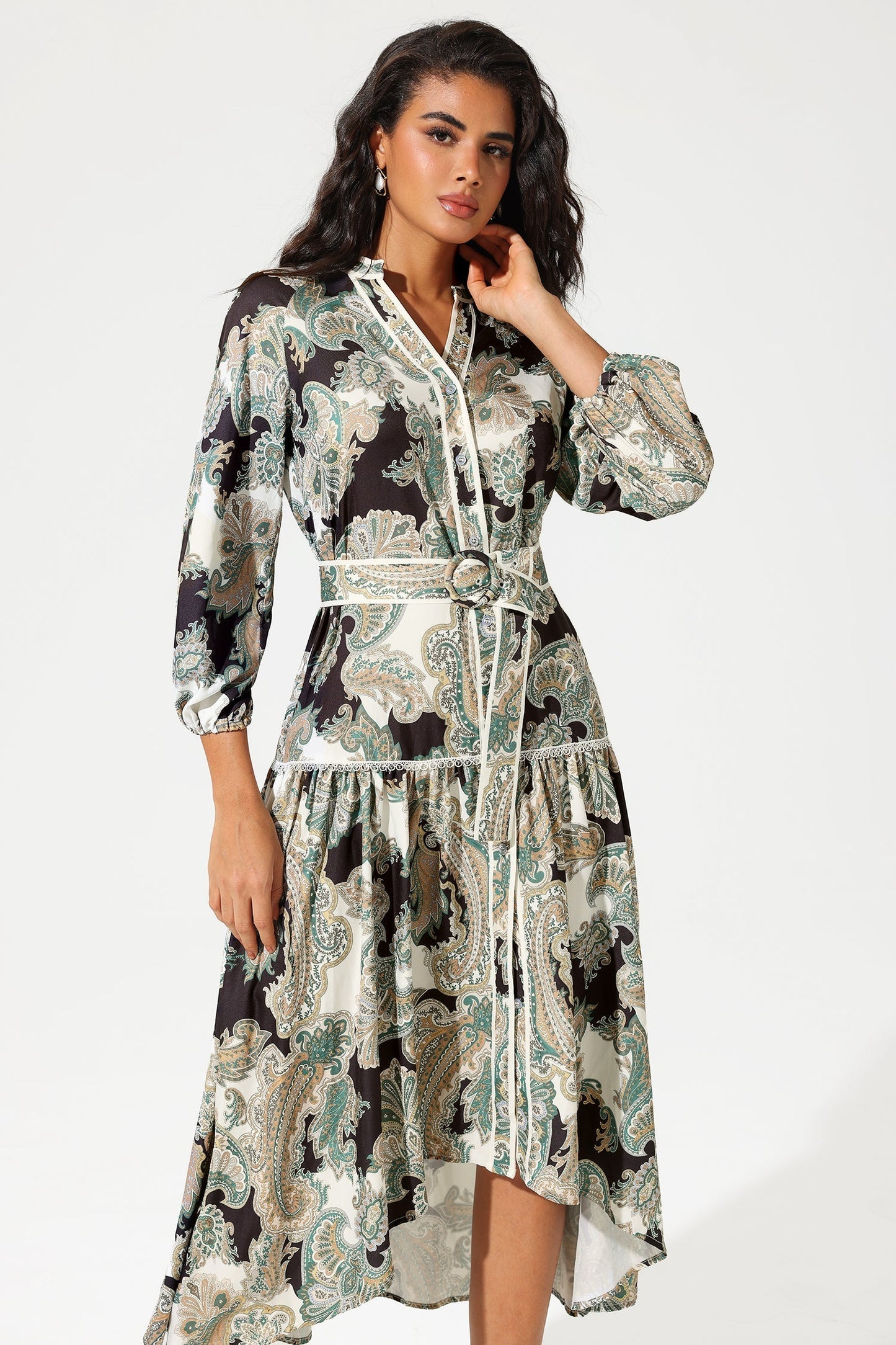 Paisley Print Lantern Sleeve V-neck Belted Midi Dress