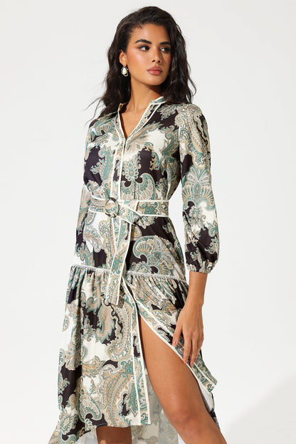Paisley Print Lantern Sleeve V-neck Belted Midi Dress