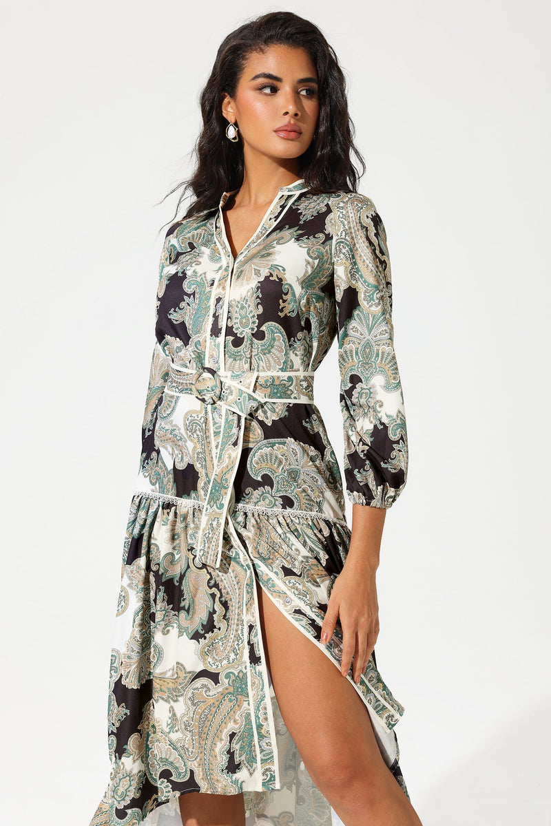 Paisley Print Lantern Sleeve V-neck Belted Midi Dress
