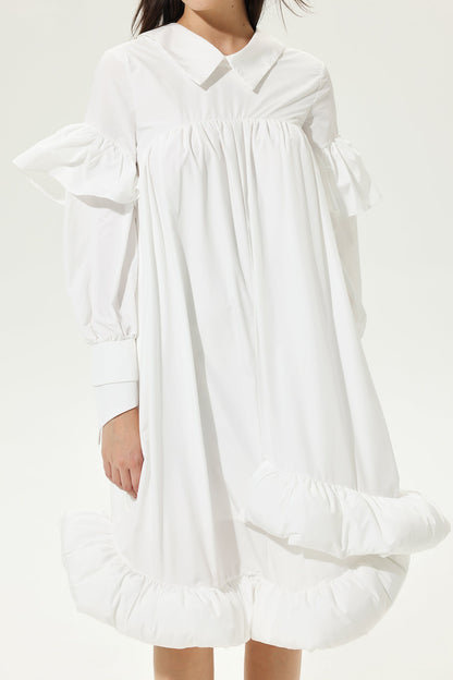 Lantern Sleeve Ruffled Lapel Irregular Midi Dress