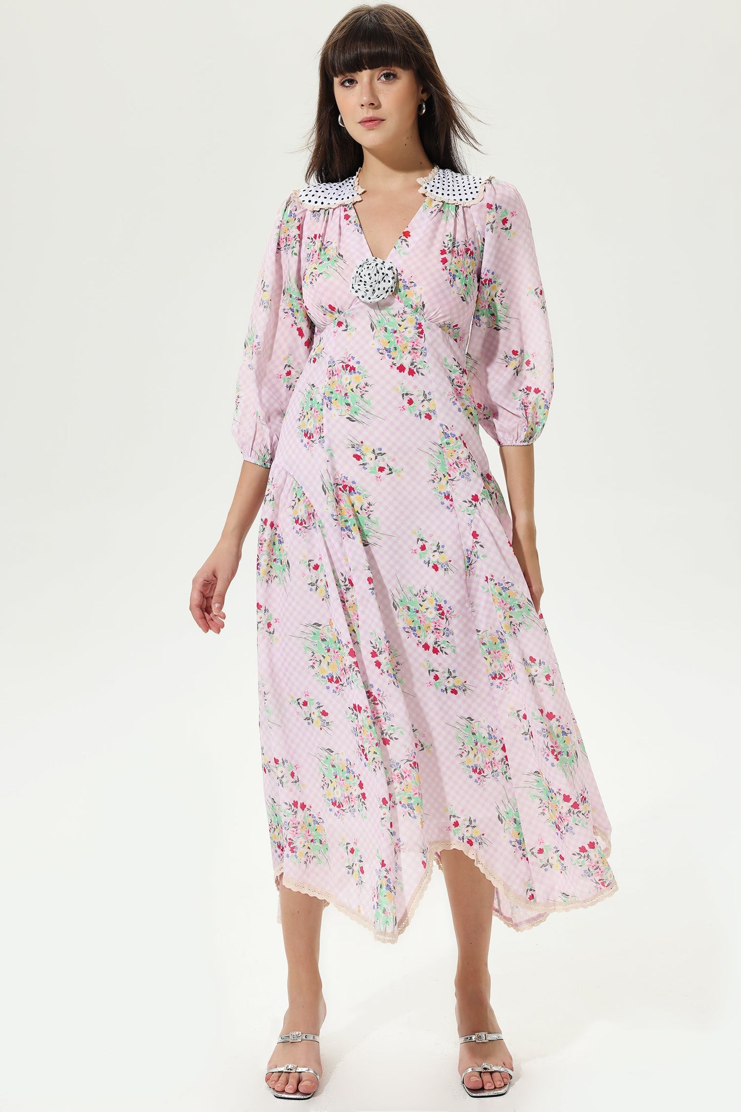 Lantern Sleeve V-neck Belted Latticemidi Dress