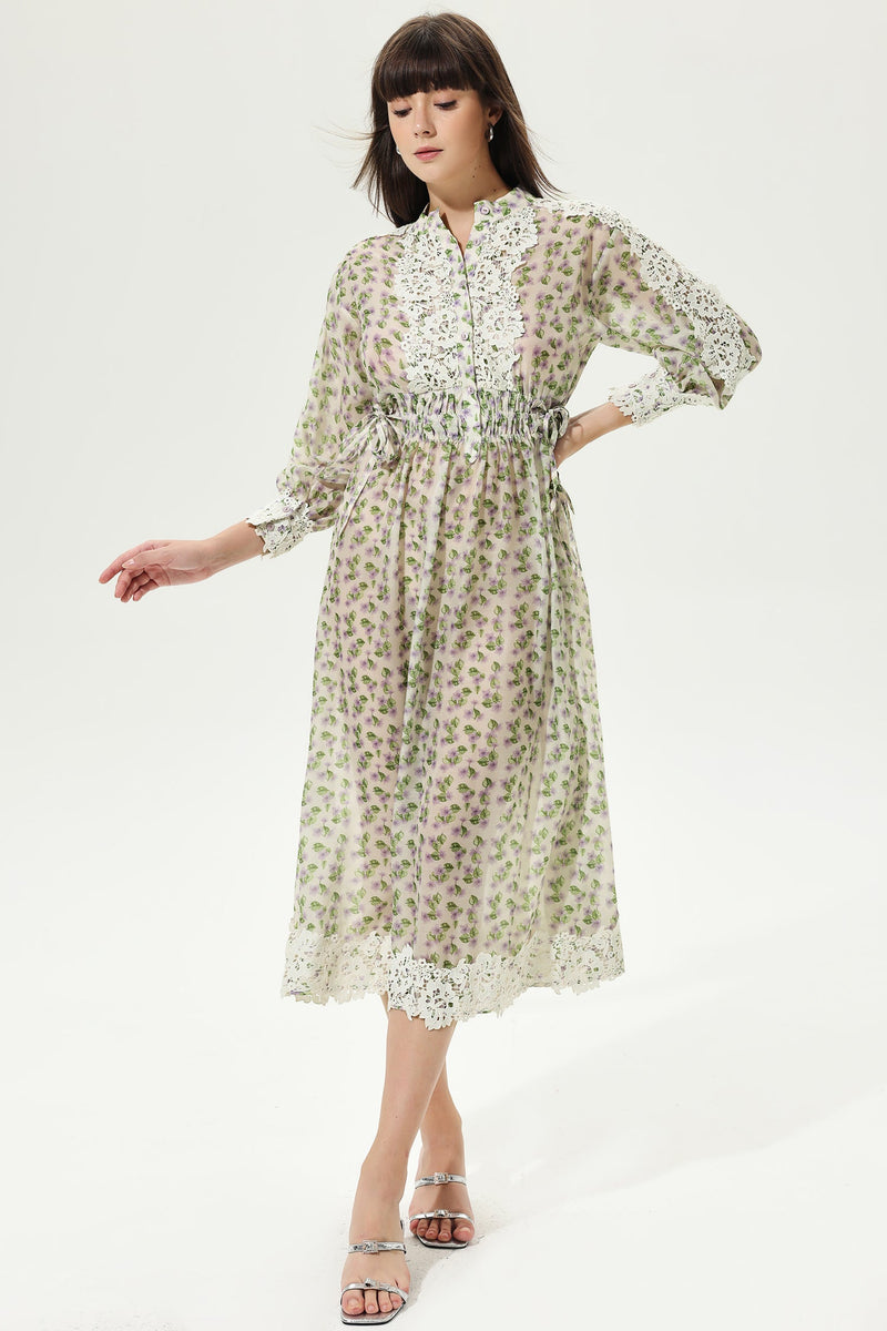 Lantern Sleeve Crew Collar Midi Dress