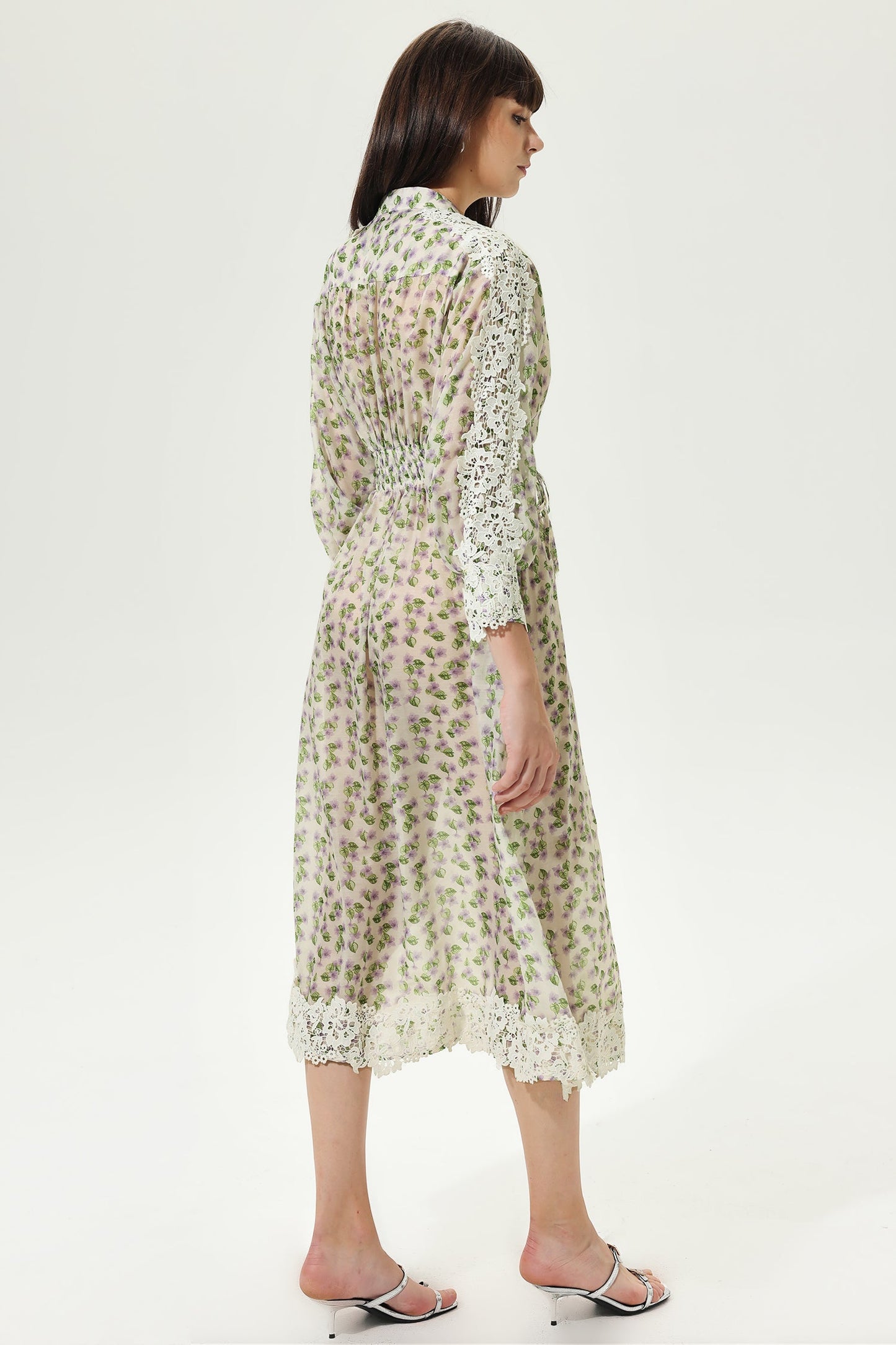 Lantern Sleeve Crew Collar Midi Dress