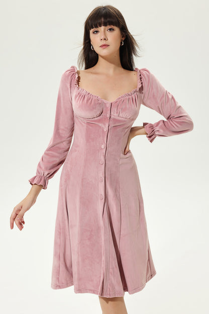 Velvet Sweetheart Neck Buckle Pleated Midi Dress