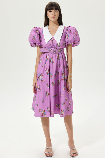 Puff Sleeve Doll Collar Belted Midi Dress
