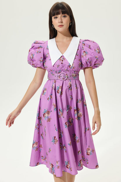 Puff Sleeve Doll Collar Belted Midi Dress