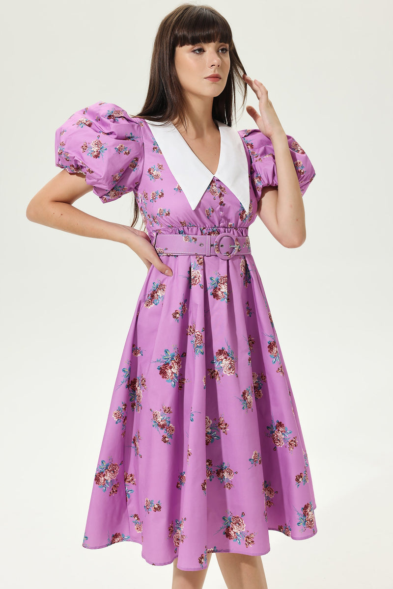 Puff Sleeve Doll Collar Belted Midi Dress