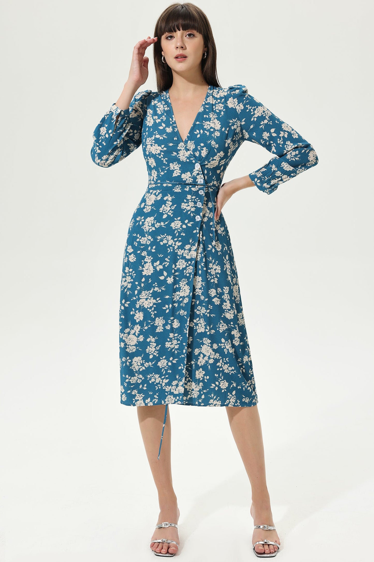 Long Sleeve V-neck Split Midi Dress