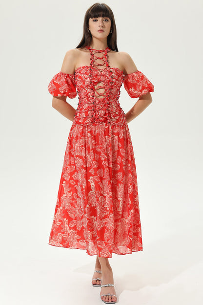 Cut-out Halter Neck Tapered Waist Maxi Dress