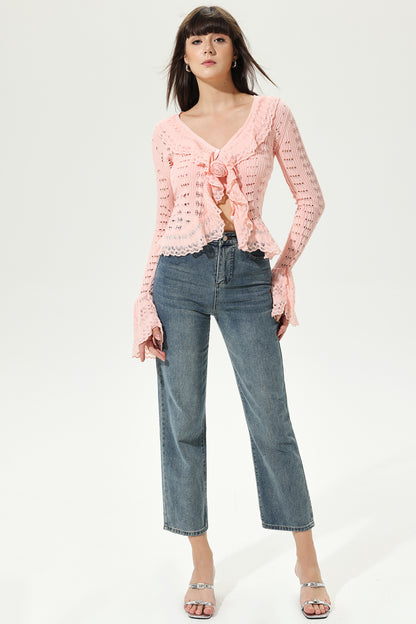 Knit Flared Sleeve V-neck Frill Hem Cardigan