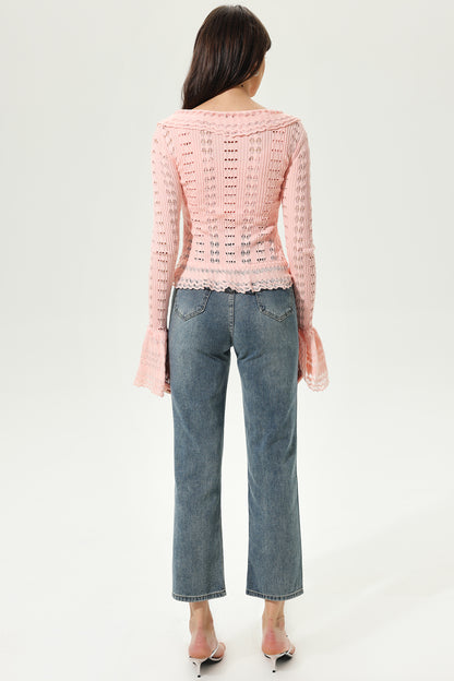 Knit Flared Sleeve V-neck Frill Hem Cardigan