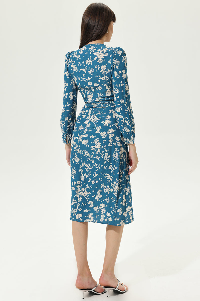 Long Sleeve V-neck Split Midi Dress