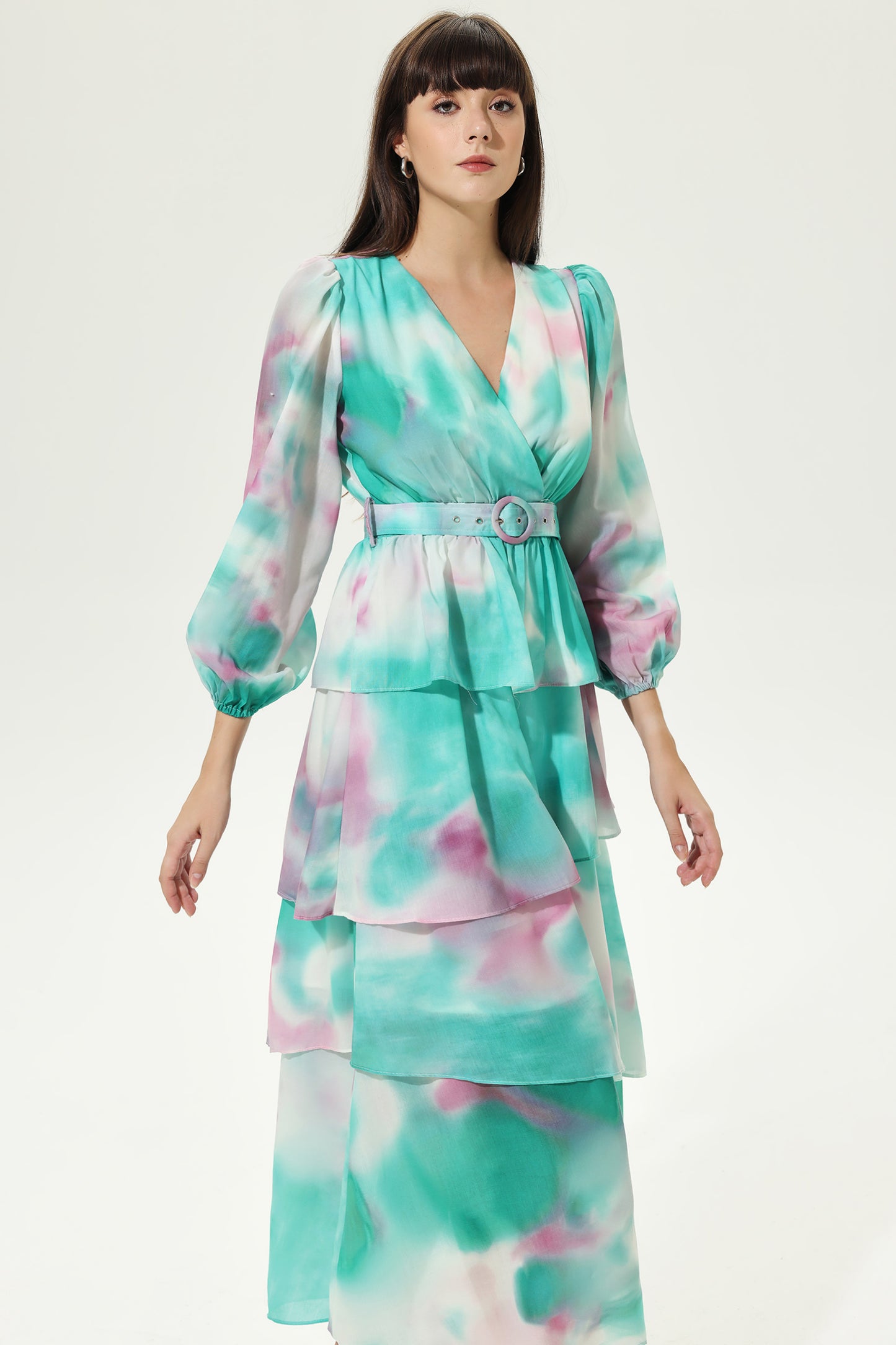 Tie-dye Lantern Sleeve V-neck Layered Hem Midi Dress