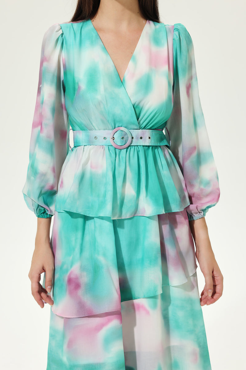 Tie-dye Lantern Sleeve V-neck Layered Hem Midi Dress