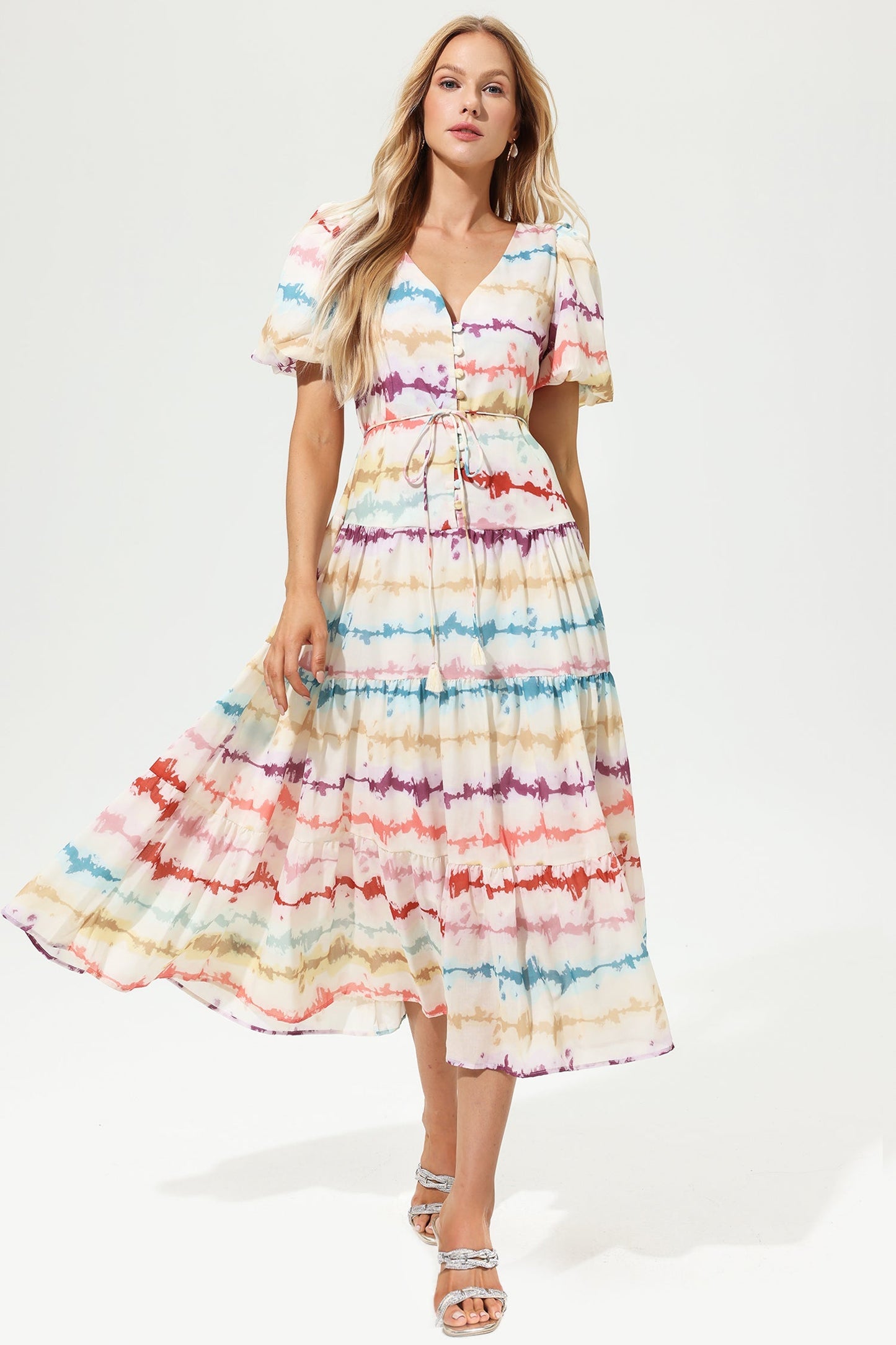 V-neck Puff Sleeve Tapered Waist Midi Dress