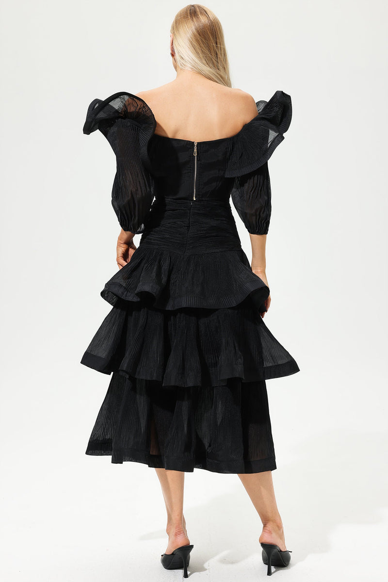 Lantern Sleeve V-neck Ruffle Hem Midi Dress Two-piece Set Black
