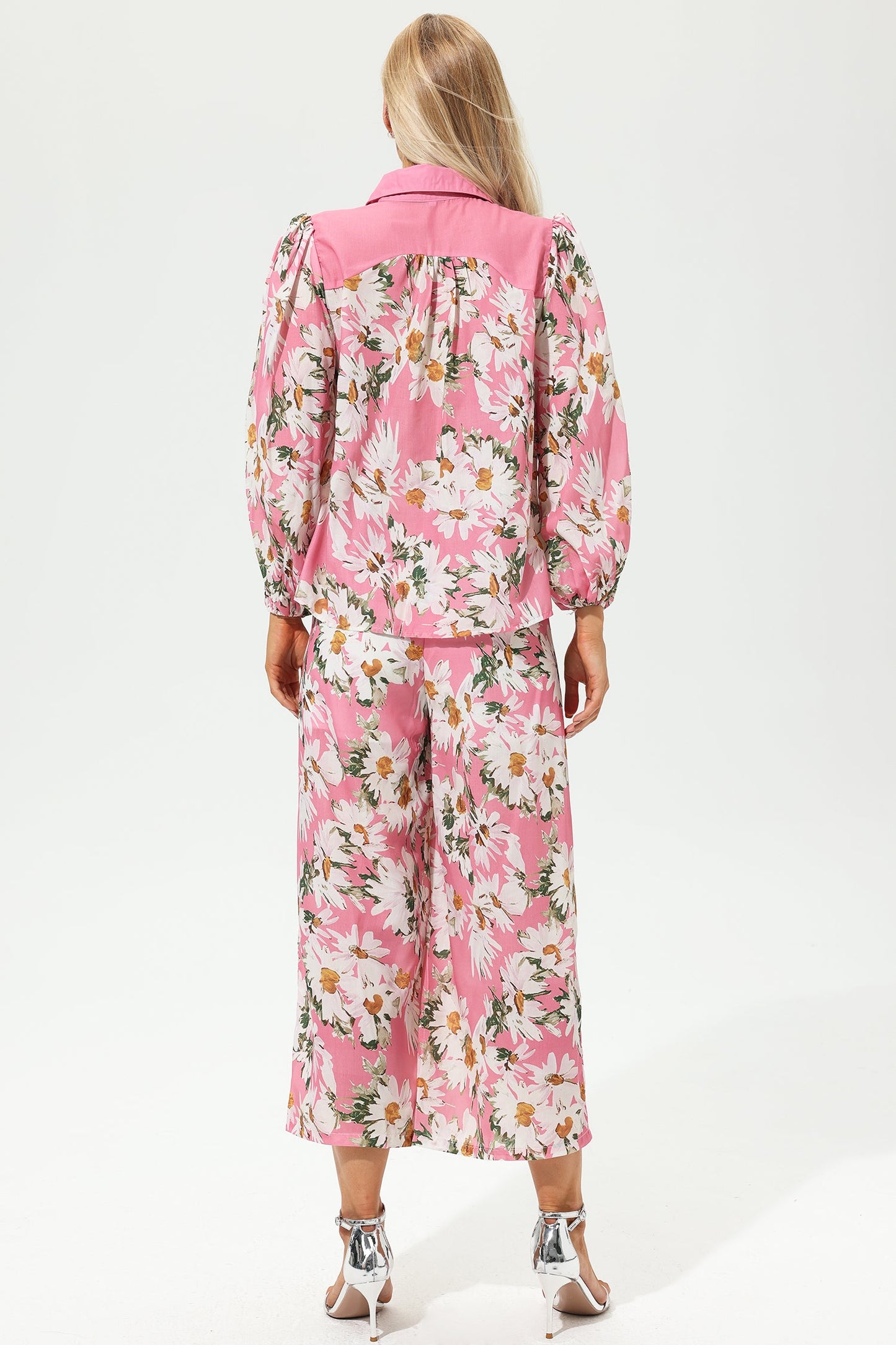 Puff Sleeve Lapel Wide Leg Pants Set