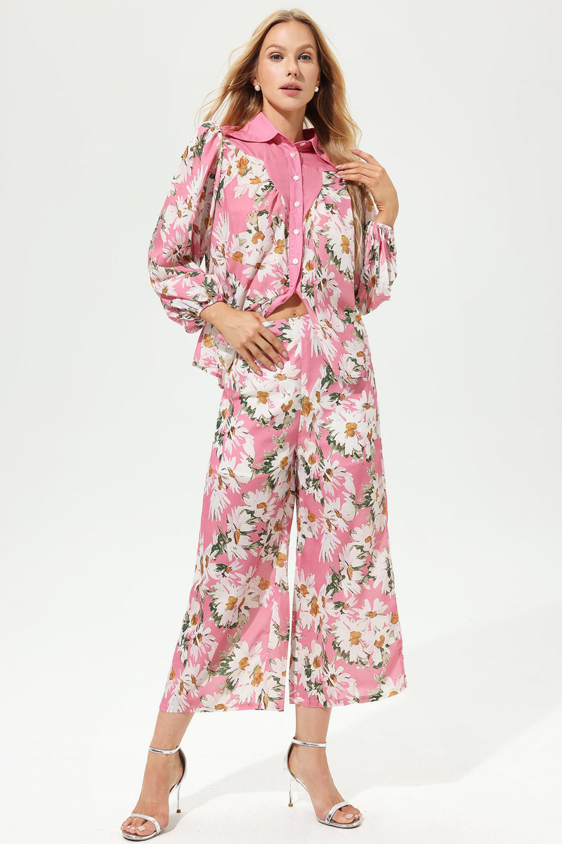 Puff Sleeve Lapel Wide Leg Pants Set