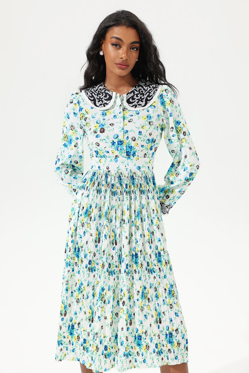 Lantern Sleeve Doll Collar Lace Midi Dress