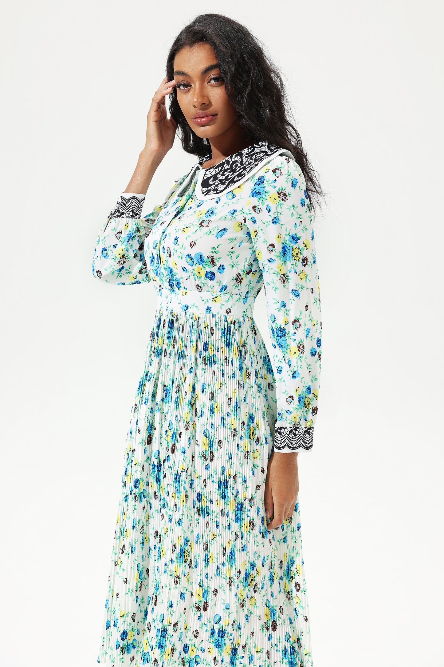 Lantern Sleeve Doll Collar Lace Midi Dress