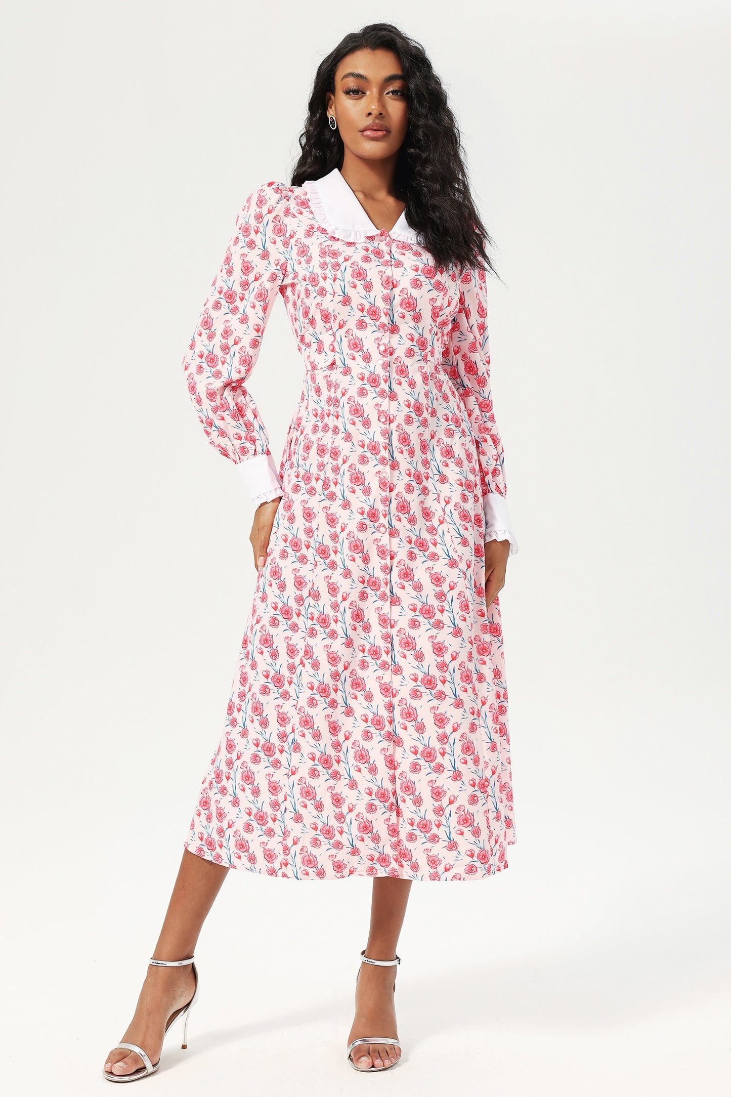 Long Sleeve Doll Collar Buttoned Midi Dress Pink